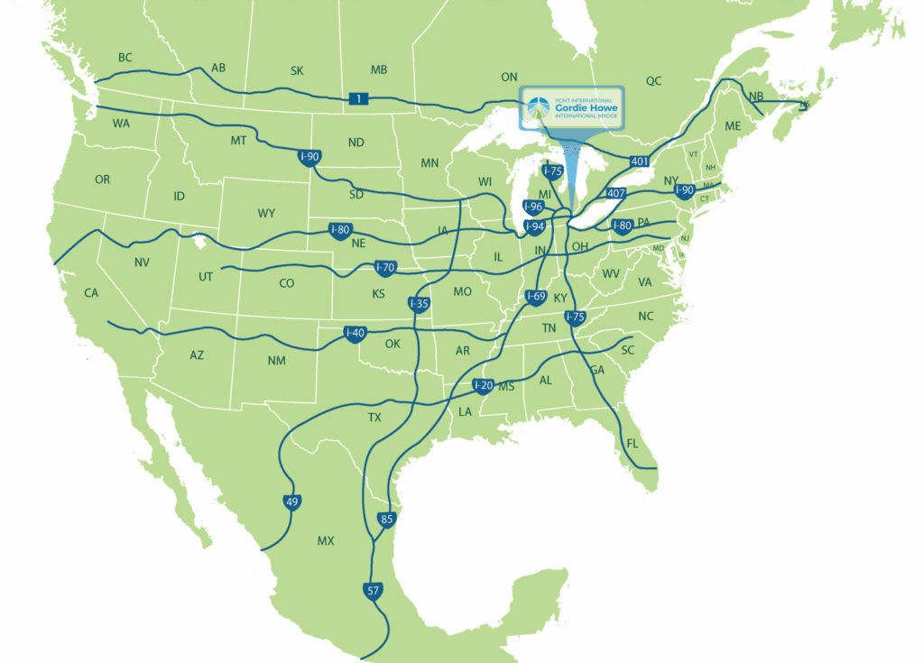 Une carte de l’Amérique du Nord indiquant l’emplacement du pont international Gordie-Howe et des principaux axes routiers.