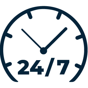 Icône d’une horloge fonctionnant 24 heures sur 24 et 7 jours sur 7, symbolisant les opérations et le service à la clientèle en continu.