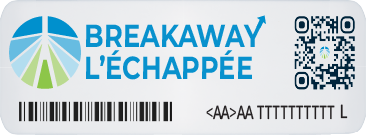 Une image du transpondeur L’Échappée qui comprend le logo L’Échappée, le code QR et le code à barres.