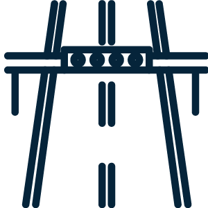 Icône d’autoroute avec signalisation aérienne symbolisant des voies de circulation réservées et dynamiques.