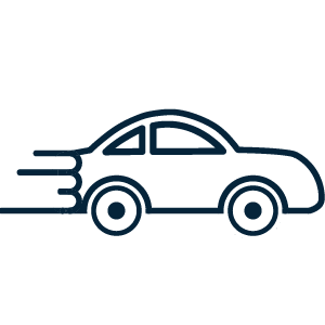 Icône d’une voiture avec des lignes de vitesse derrière elle représentant un voyage sans tracas et un paiement pratique des péages sans avoir recours à d’autres méthodes.