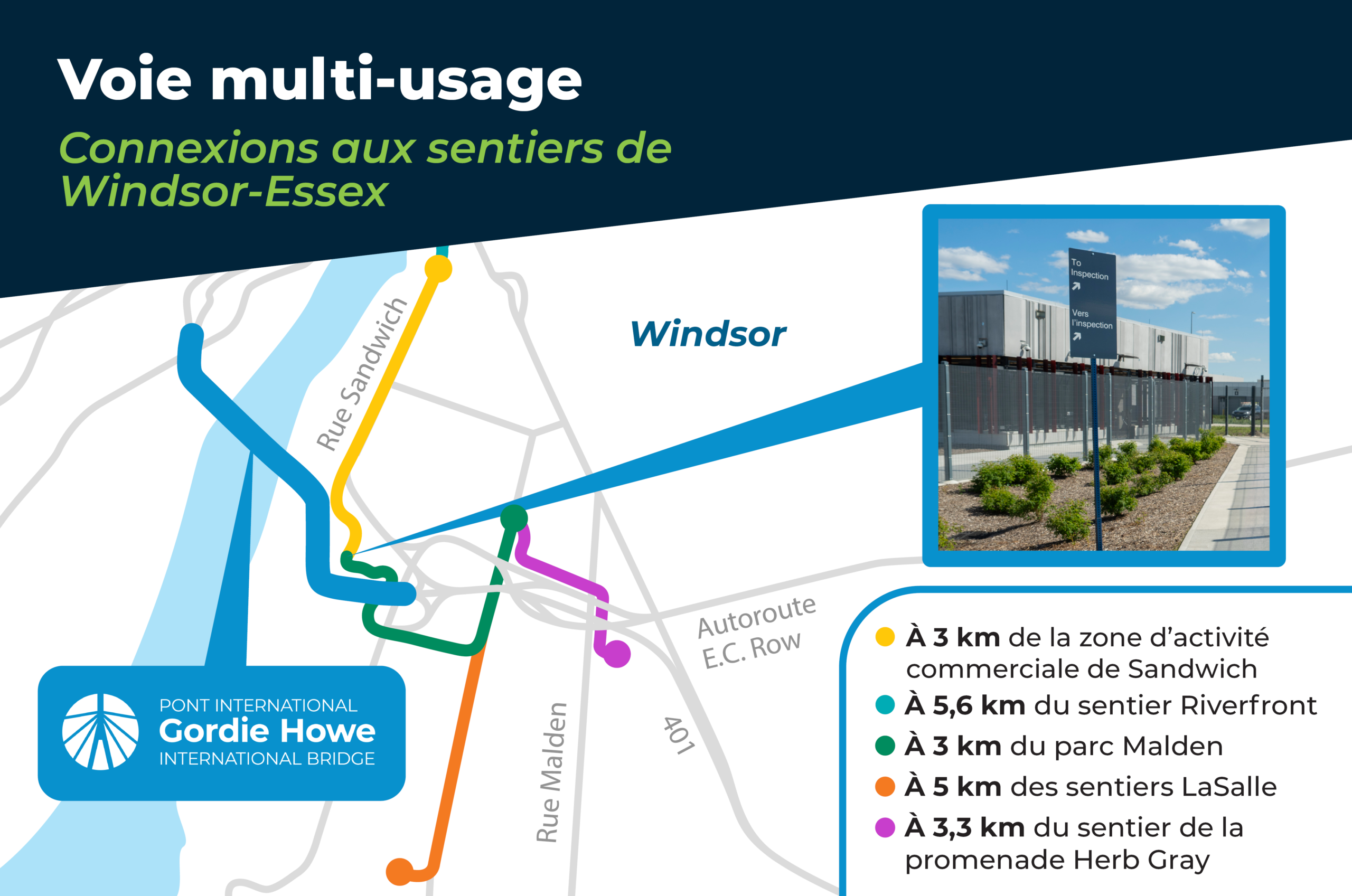 Une carte montrant Connexions aux sentiers de Windsor-Essex